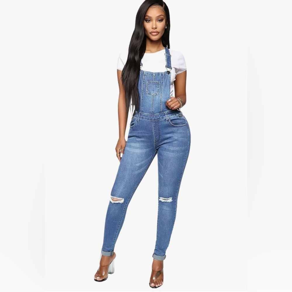 Women’s Ripped Distressed Denim Overalls Adjustable Straps Slim Jean Jumpsuit